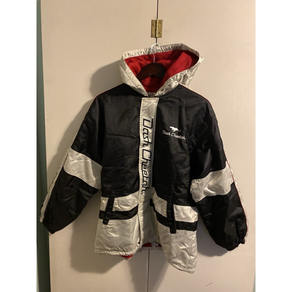 Vtg Dash Cheetah Jacket Shiny Silver Black Red Hood Logo Tape Winter Hooded 90s